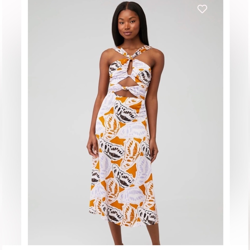 For Love & Lemons White, Mustard & Black Printed Cutout Midi Dress